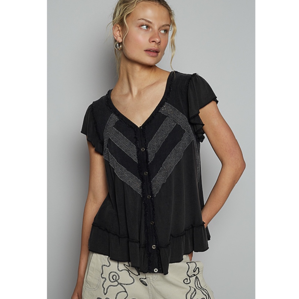 POL Black V-Neck Button Front Flutter Sleeve Top